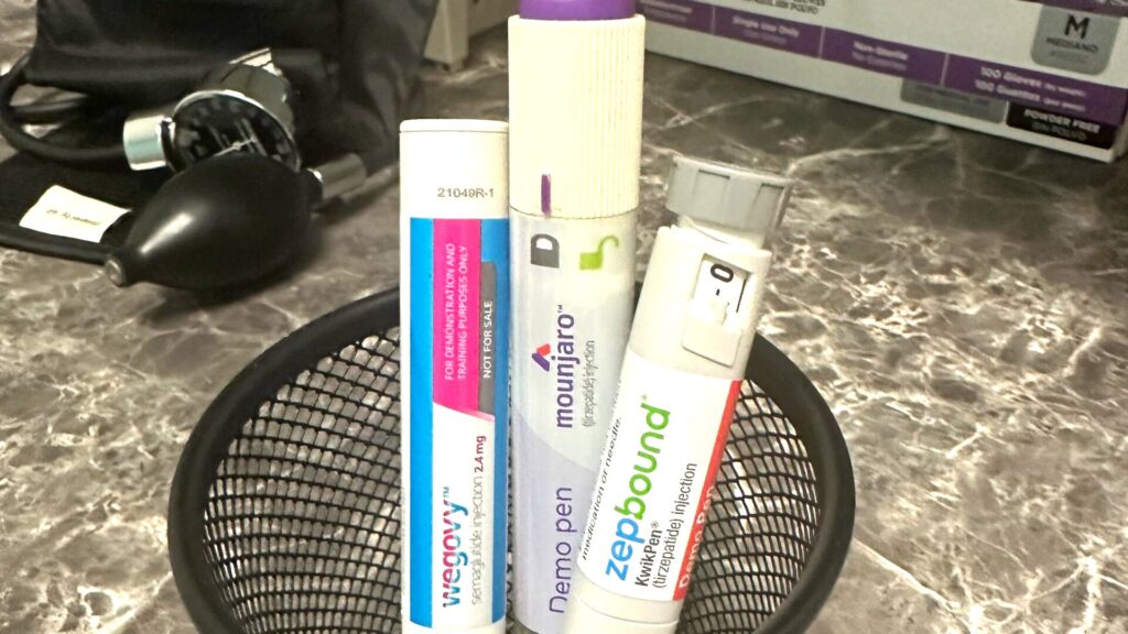 Wegovy, Mounjaro and Zepbound demonstration pens at Liberty Family Care in Rowlett, TX